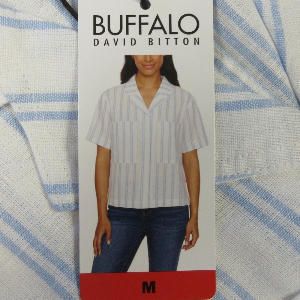 BUFFALO DAVID BITTON Linen Blend Striped Shirt Sz Medium Blue White Boxy Top NWT